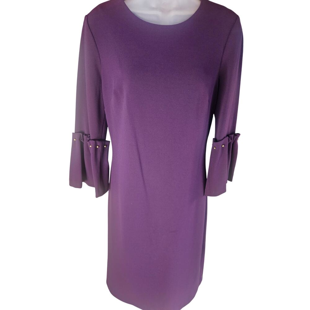 Donna Karen Plum Midi Dress Gold Hardware 3/4 Ruffled Sleeve Beaded Sz 10 - Picture 2 of 9